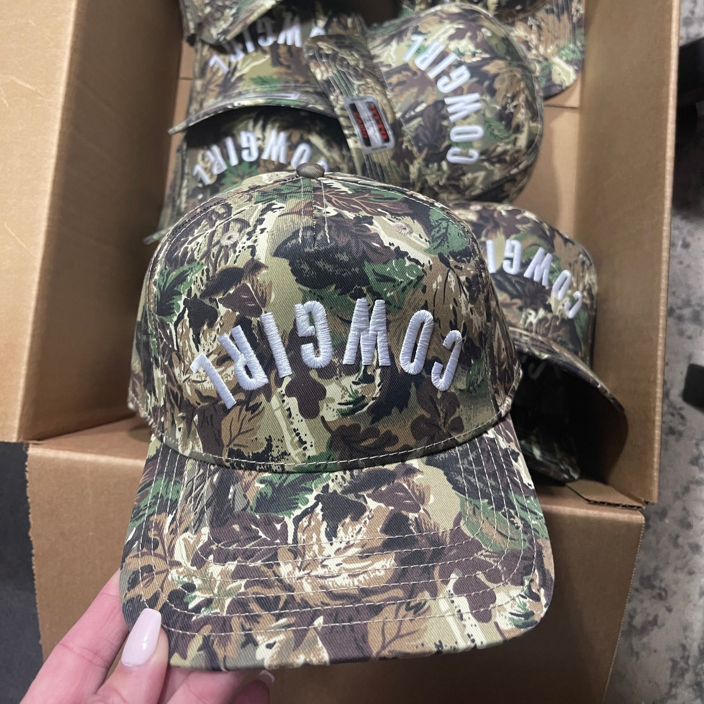 Cowgirl Upside Down Camo Trucker Hat