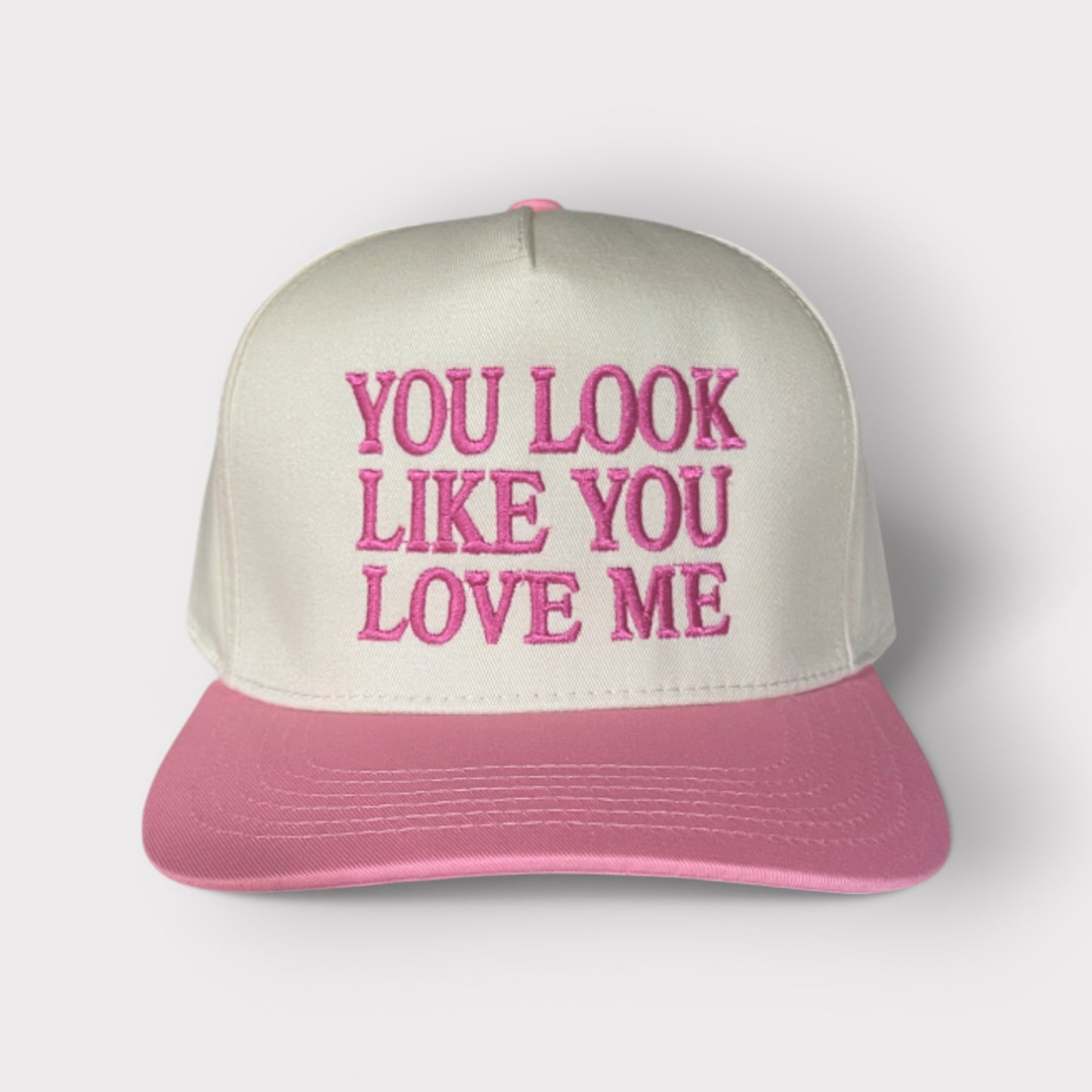 You Look Like You Love Me Roman BLOCK Trucker Hat | Pink/Tan