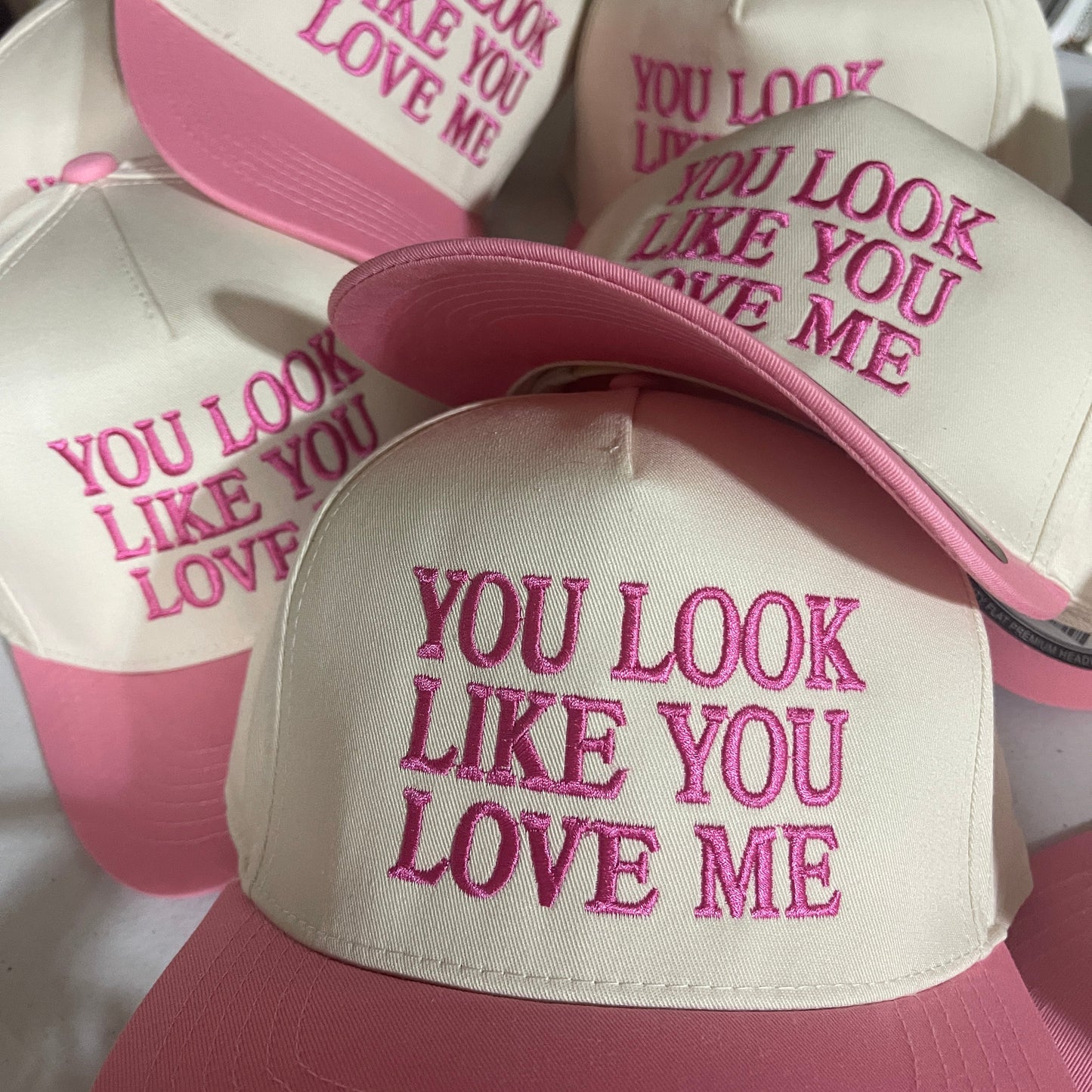 You Look Like You Love Me Roman BLOCK Trucker Hat | Pink/Tan