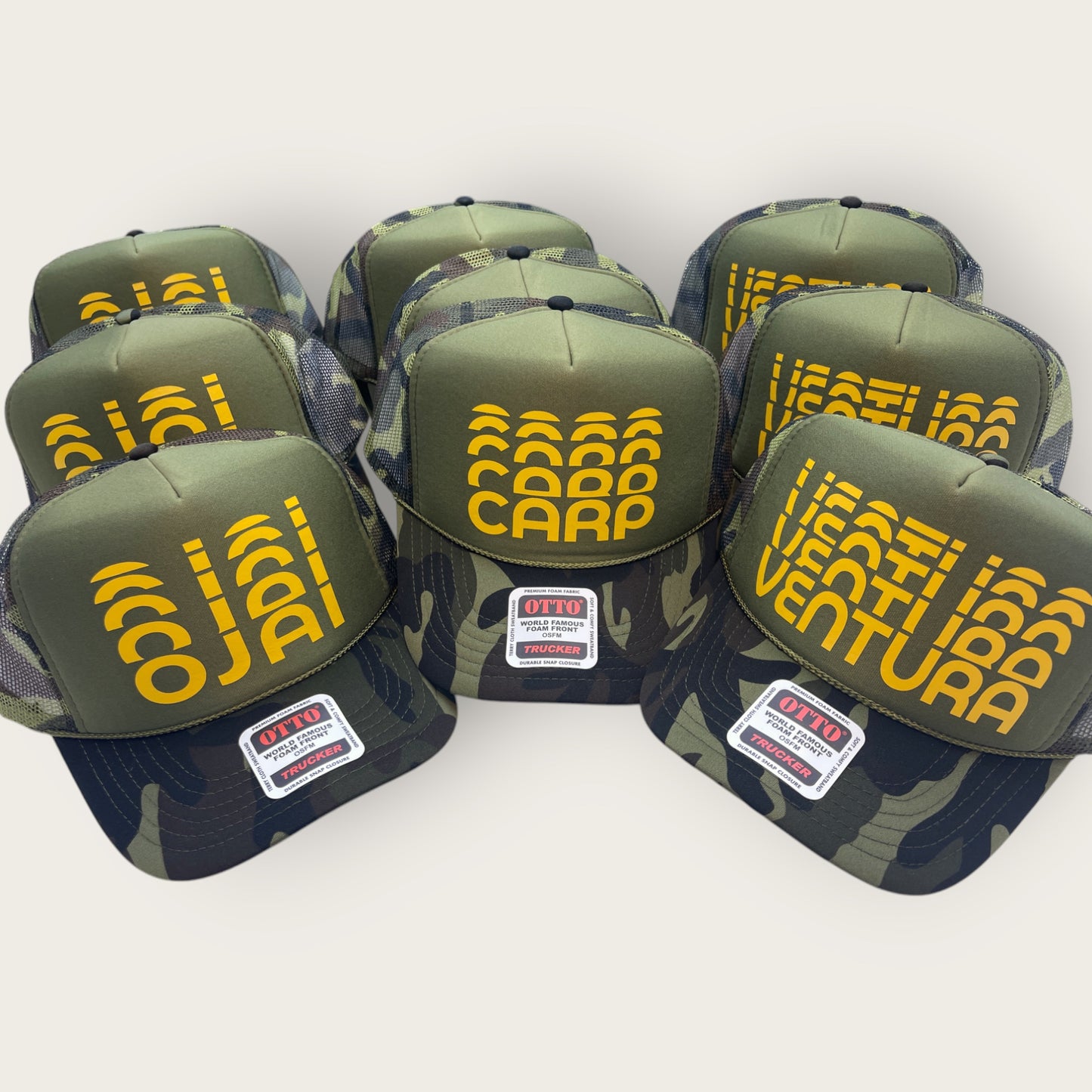 Custom Stacked Font Foam Trucker Hats | Camo/Gold