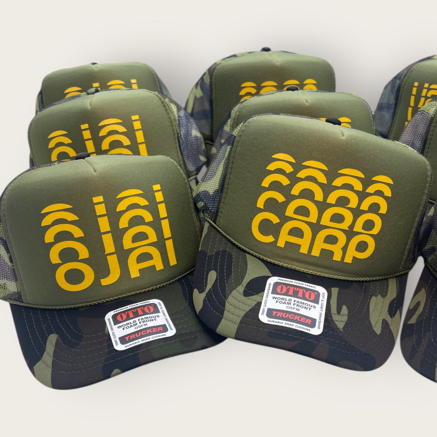 Custom Stacked Font Foam Trucker Hats | Camo/Gold