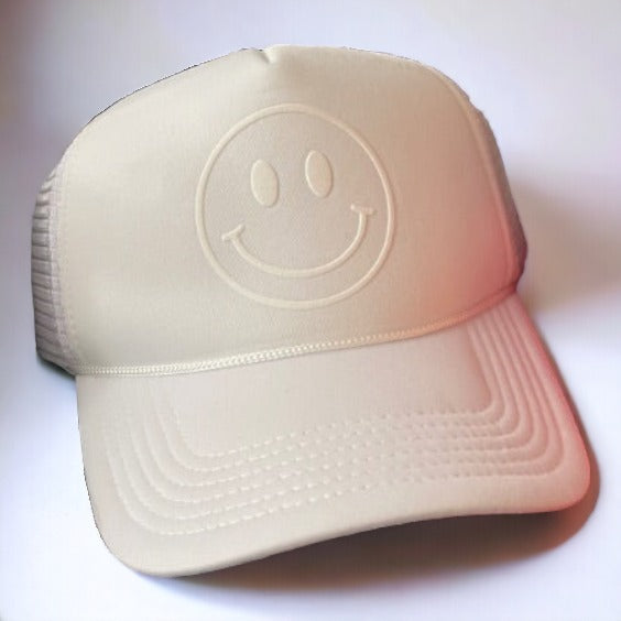 Happy Face Monochrome Trucker Hat | White
