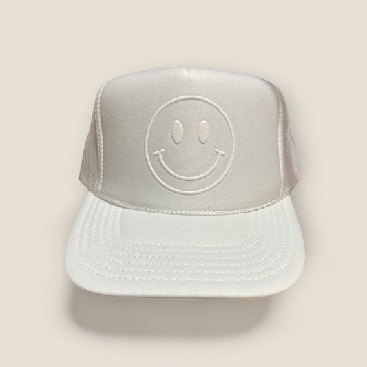 Happy Face Monochrome Trucker Hat | White