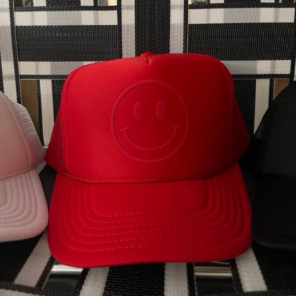 Happy Face Monochrome Trucker Hat | Red